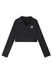 Áo thun crop top thời trang nữ, thích hợp cho mùa xuân. - màu đen - Xem 5