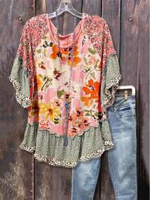 1 Women's Vintage Mixed Floral Print Vintage Loose Top Shirt Blouse With Ruffle Cuffs And Hem, Leopard And Floral Pattern, Women's Spring SummerClothing - Hoa màu hồng - Xem 1