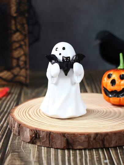 1pc Halloween Ghost Holding Bat Ornament, Happy Halloween Decoration, Trick Or Treat Decoration Accessorys, Spooky Halloween Decoration Supplies, Bat Specter Design Gifts, Halloween Celebration Decor, Halloween Party Supplies, Small Gift, Halloween Gift, Halloween Party Table Accessories, Autumn Decoration, Dining Room Living Room Decor, Cupboard Decorations, Autumn Decoration, Home Decor, Party Favors