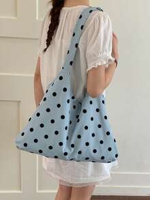 1pc Spring/Summer Korean Style Polka Dot Large Capacity Women's Shoulder Bag, Literary Fresh Crescent Bag, Durable Casual Vacation Cloth Bag, Available In Gray, Blue, Beige - A - View 3
