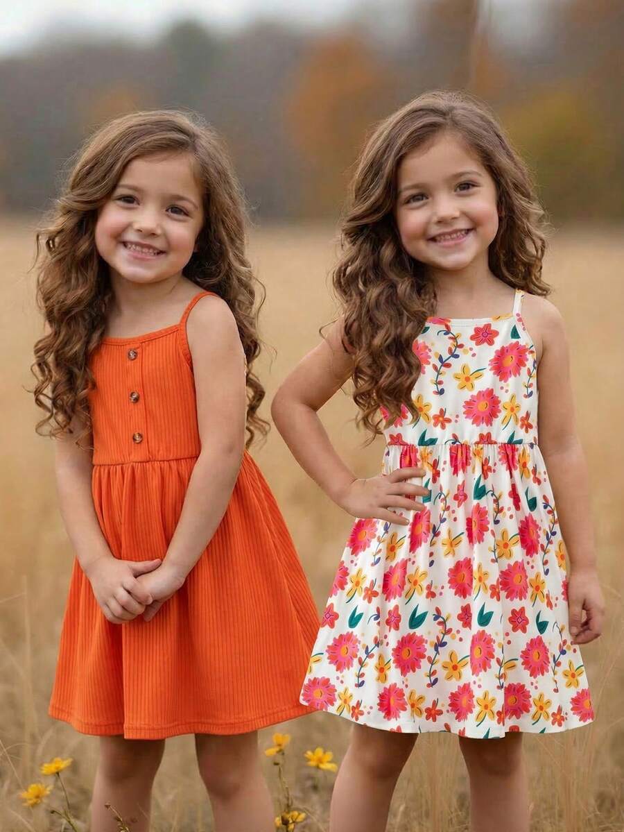 1 conjunto de vestidos distintivos para niñas, 2 piezas/set. Cada uno presenta un diseño de tirantes finos, mostrando un ambiente refrescante de verano. Diseñado en naranja-rojo sólido, vibrante y alegre. Base blanca con estampados florales coloridos, rica en colores. Ambos vestidos tienen un diseño de tirantes finos, con un estilo unificado pero características únicas, adecuados para la playa, fiestas de verano y uso primavera/verano. - Multicolor - Ver 1
