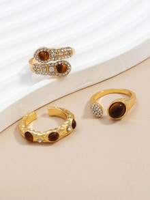 Juego de 3 piezas/Set de anillos ajustables con lazo minimalista y cuentas de perlas, joyería delicada apilable, regalo para novia, hermana, Halloween - Multicolor - Ver 2