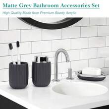 Bathroom Accessories Set Complete: 8pc Bathroom Accessory Set with Trash Can 2pc for Floor/Counter Toilet Brush Soap Dispenser Toothbrush Holder Adhesive Hook Grey Modern Bathroom Set - Gris oscuro - Ver 6