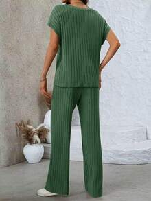 两件套休闲竖条纹V领短袖家居服套装 - 綠色 - 查看 6