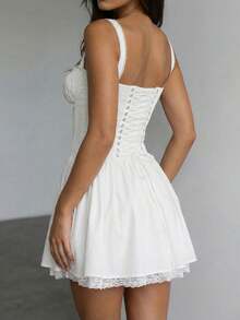 Vintage Corset Dress For Women – Elegant Lace Spaghetti Strap Party Dress With A-Line Skirt - 白色 - 查看 2