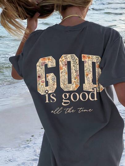 Teens' Loose Floral & Letter Print T-Shirt With "God Is Always Good" Slogan, Casual Relaxed Fit Tee Suitable For School, Beach, Daily Wear