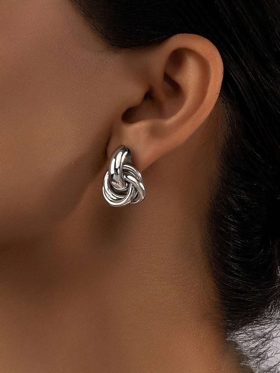 1 par de pendientes geométricos de doble círculo de moda, pendientes retro únicos adecuados para bodas, fiestas, festivales de música y vacaciones - Plateado - Ver 1