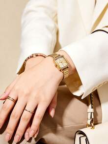 1件装奢华优雅女士石英表，方形表盘，镶钻表圈，镀金表壳，高品质合金材质，精致复古金属表带，简约低调奢华设计 - 金色 - 查看 5