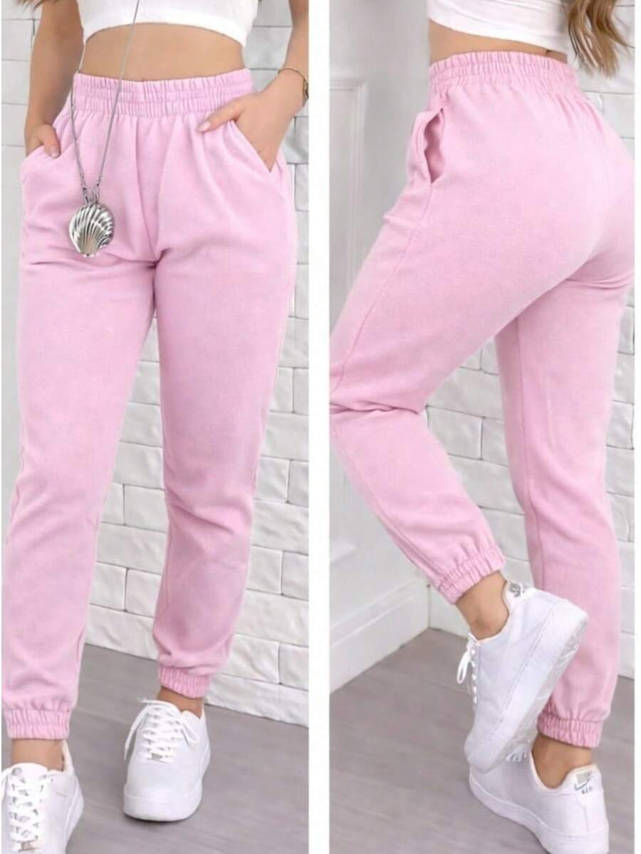 Women's Thick Jogger Sweatpants With High Waist - Baby Pink - View 1