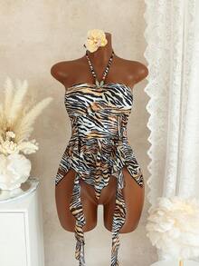 Áo croptop hở lưng, họa tiết sọc động vật mùa hè dành cho nữ, vạt áo bất đối xứng. - Nhiều màu - Xem 1