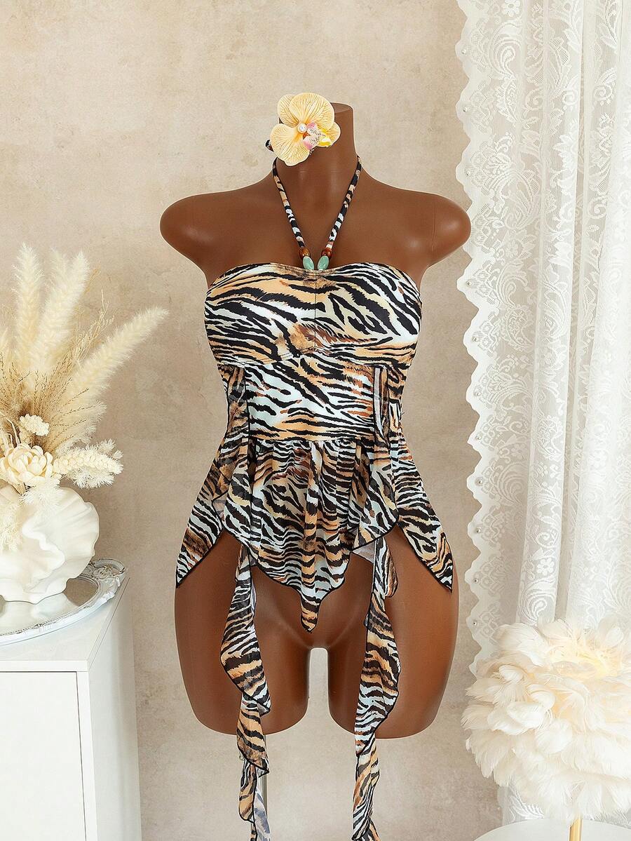 Áo croptop hở lưng, họa tiết sọc động vật mùa hè dành cho nữ, vạt áo bất đối xứng. - Nhiều màu - Xem 1