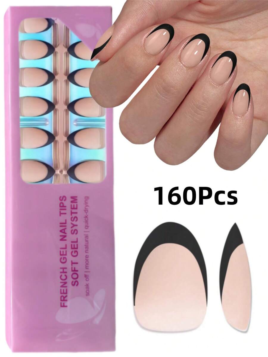 Bộ 160 móng tay giả hình bầu dục, màu đen và màu da, kiểu Pháp, chất liệu gel mềm, thích hợp cho việc tự làm móng, kiểu dáng tối giản, đa năng, 16 kích cỡ, dành cho nữ.