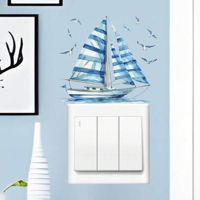 1 pieza Adhesivo de interruptor de luz con acuarela de barco de vela y gaviota, calcomanía de pared náutica removible, decoración de hogar costera azul para sala de estar y dormitorio