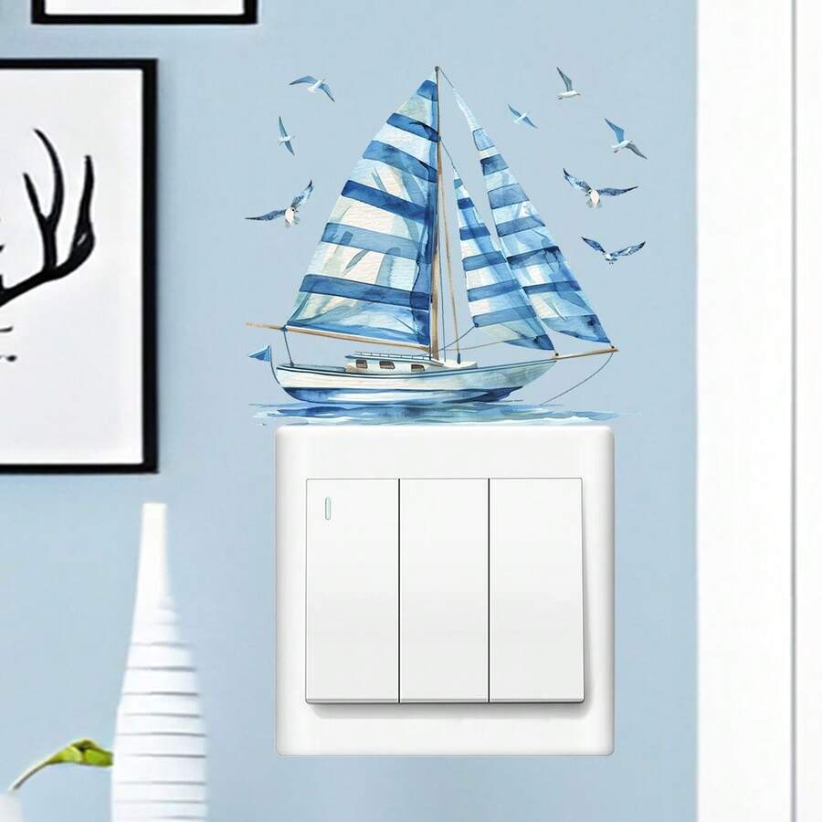 1pc Watercolor Sailboat & Seagull Light Switch Sticker, Removable Nautical Wall Decal, Coastal Blue Home Decor For Living Room & Bedroom - one-size - View 1