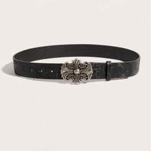 1件装 西式时尚百搭新款男女通用压花花卉个性化腰带 艺术复古皮革腰带 - 黑色 - 查看 1