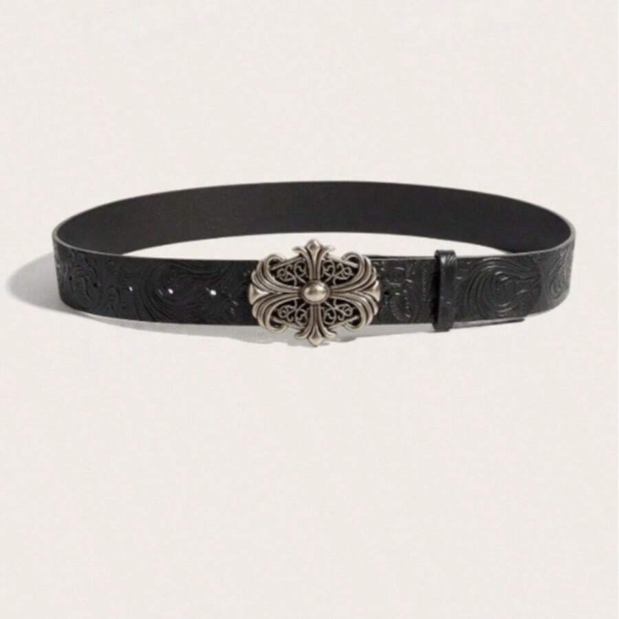1件装 西式时尚百搭新款男女通用压花花卉个性化腰带 艺术复古皮革腰带 - 黑色 - 查看 1