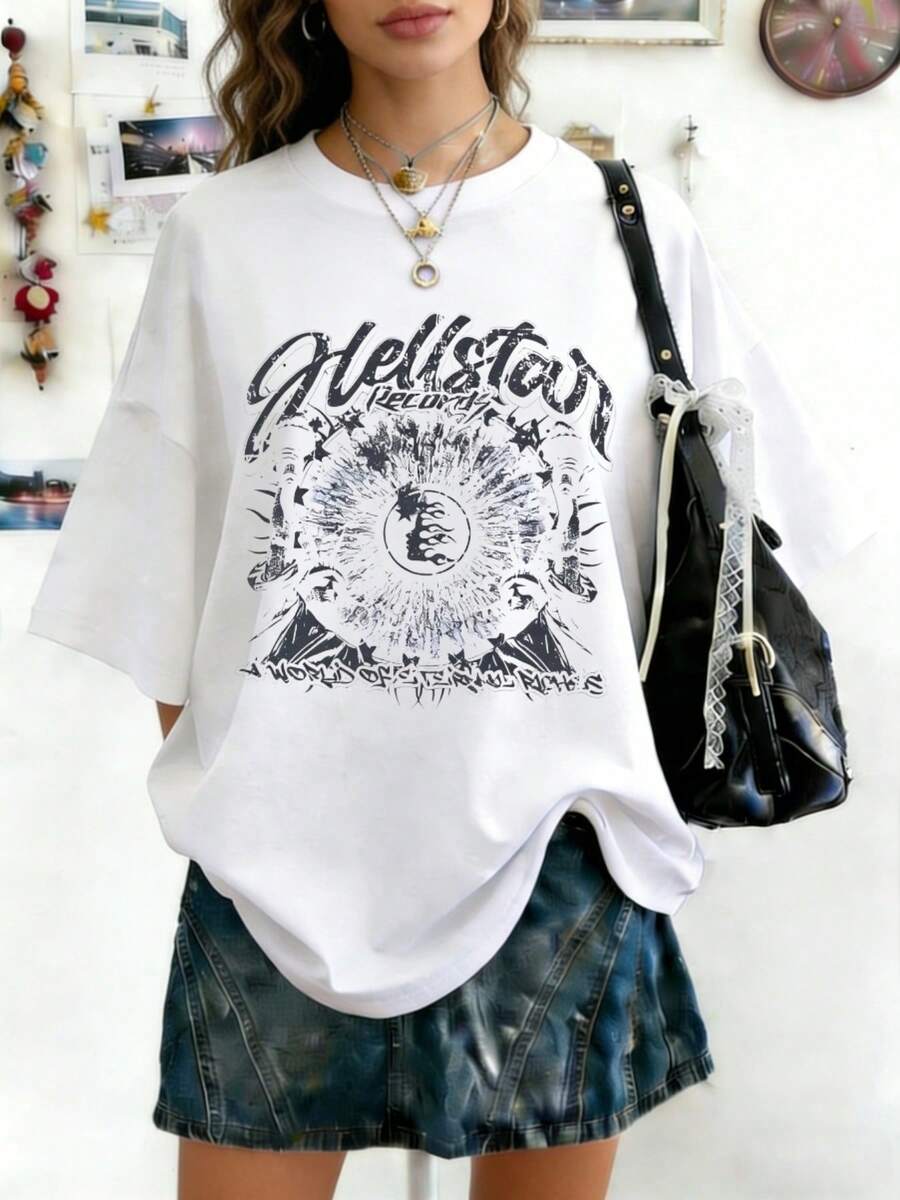 Plus Size Hellstars Records World On Fire Y2K Graphic T-Shirt,220g 100% Cotton,Round Neck Short Sleeve,White Streetwear Essential For Summer Going Out,Unisex Style - White - View 1