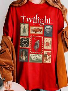 Vintage Twilight Movie Women T-Shirt, Retro Vampire And Wolves Graphic Tee, Y2K Oversized Classic 2000s Film Aesthetic Apparel, GothicHorror Romance - 紅色 - 查看 1