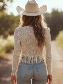 Women's Elegant Sheer Solid Color Lace Fringe Hollow-Out Long Sleeve Tee – Bohemian Vacation Slim Fit Top, Versatile For Daily & Holiday Outfits - 白色 - 查看 3