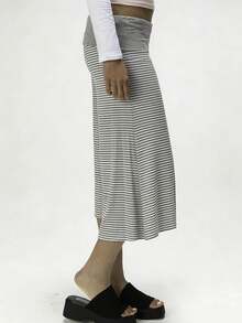 Women Y2K Cropped Wide Leg Pants, Retro Horizontal Stripe Polka Dot Print Fold Over Waistband Stretchy Knit Culottes For Streetwear Daily Outings - Màu Xám nhạt - Xem 3