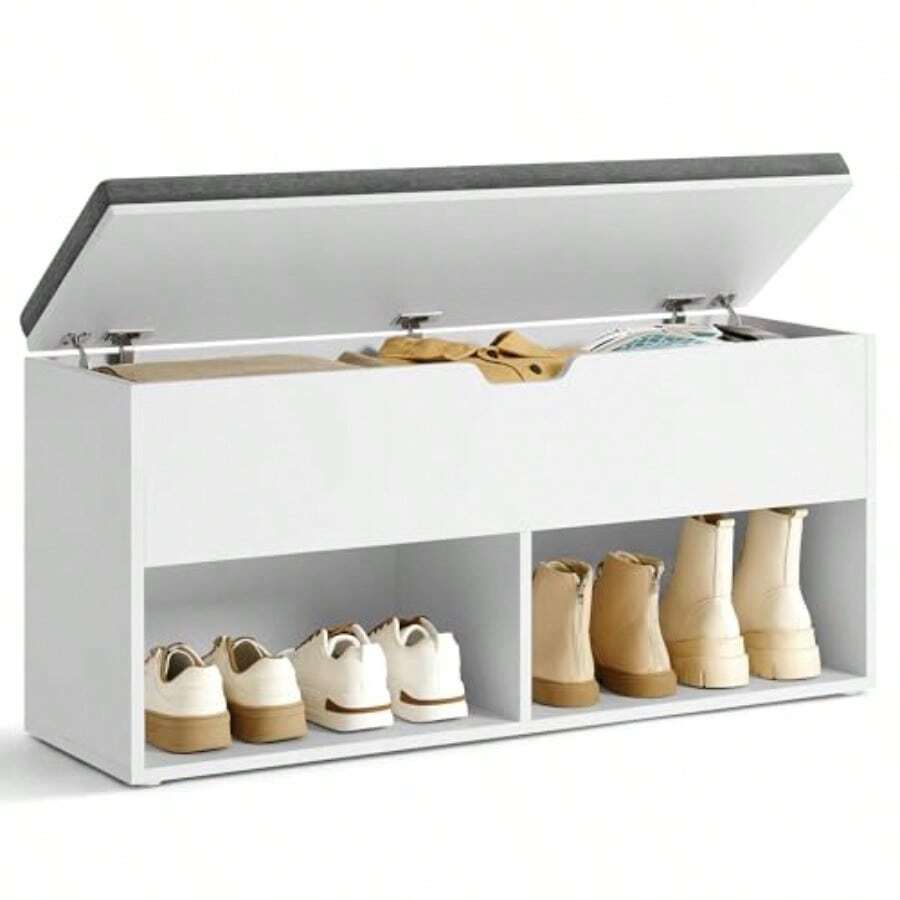 VASAGLE Banco para Zapatos Almacenamiento con 2 Compartimentos Abiertos y 1 Cerrado Estante para Zapatos Asiento Acolchado para Pasillo Entrada Dormitorio 100 x 30 x 48 cm Blanco MLHS21WT - Blanco Gris - Ver 1