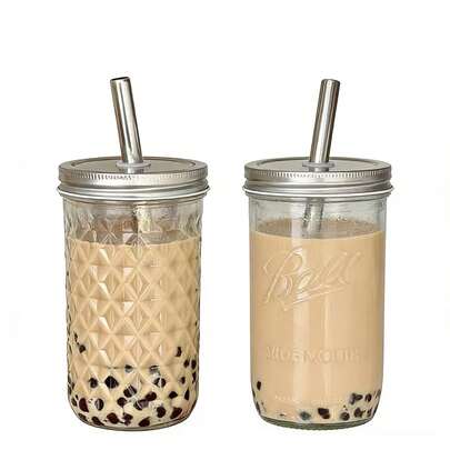 Conjunto de 2 copos de vidro de grande capacidade para café/chá com leite, com tampa e canudo de aço inoxidável. Ideal para chá de bolhas, bebidas geladas, sucos, refrescantes e portáteis, perfeitos para bebidas de verão!