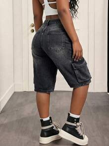 Quần short Bermuda denim đen mài dành cho nữ, kiểu dáng thường ngày, ống thẳng, có khóa kéo và túi, chất liệu không co giãn, thích hợp mặc hàng ngày vào mùa hè. - Màu xám đen - Xem 4