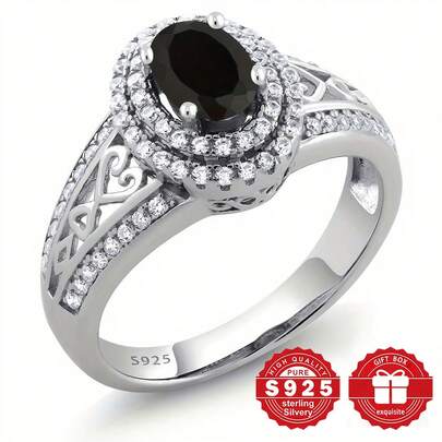 1pc S925 Sterling Silver Ring, Hollow Heart Engraved Design, Inlaid With Black Synthetic Zirconia And Multiple White Synthetic Zirconia Stones, Suitable For Daily And Business Occasions, Great Gift For Mother's Day/Christmas/Valentine's Day/Birthday, Comes With Gift Box