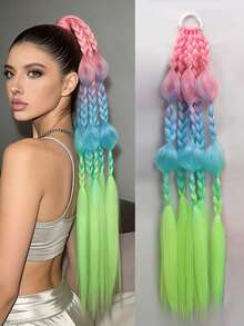 Împletitură manuală de 24 de inci, cu 3 fire, cu bule colorate, coadă de cal sintetică rezistentă la căldură, perfectă pentru festivaluri și petreceri - Multicolor - Vizualizare 14