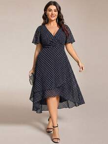 EVERPRETTY Plus Size Elegant Chiffon V-Neck Ruched Polka Dot Bridesmaid Dress, Soft High-Low Ruffle Hem Polka Dot Wedding Guest Evening Gown - Black and White - View 3