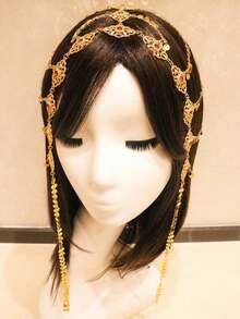 1pc Fashionable & Elegant Gold Hoop Tassel Headchain, Bohemian Dubai Hollow Flower Red Gemstone Decor Hair Accessory, Suitable For Women's Party & Festival Wear, Middle Eastern Style, Bride To Be, Hair Accessories For Women - 金色 - 查看 11