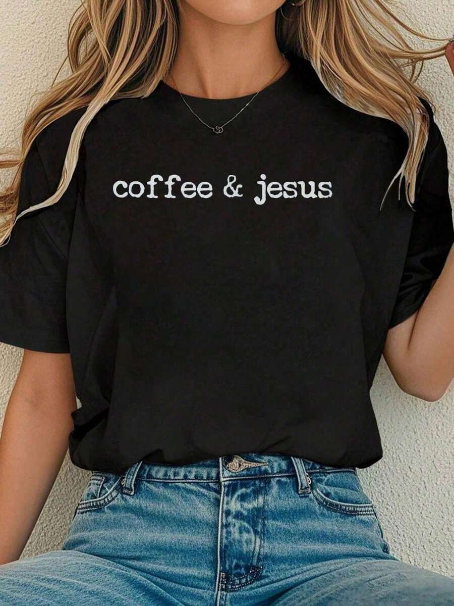 playeras de mujer, Camiseta de mujer con estampado de café y la cruz cristiana de Jesú, Dios, fe y Biblia. - Negro - Ver 1