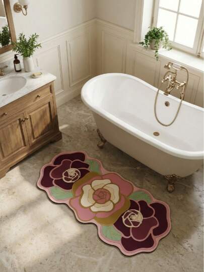 1pc French Camellia Shaped Bathroom Mat, Luxury Silica Gel Bathroom Decor Rug, Available In Multiple Sizes, Bathroom Mat, Bathroom Rug, Door Mat, Small Rug, Carpet, Mat, Home Decor, Area Rug, Outdoor Mat, Home Decor, Area Carpet, Bedroom Carpet, Washable Rug