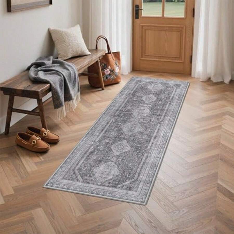 GENIMO - Alfombra antideslizante de 2 x 5 pulgadas lavable a máquina alfombra ligera de pelo bajo para entrada pasillo cocina y pasillo color gris clásico - Area clsico Grey - Ver 1