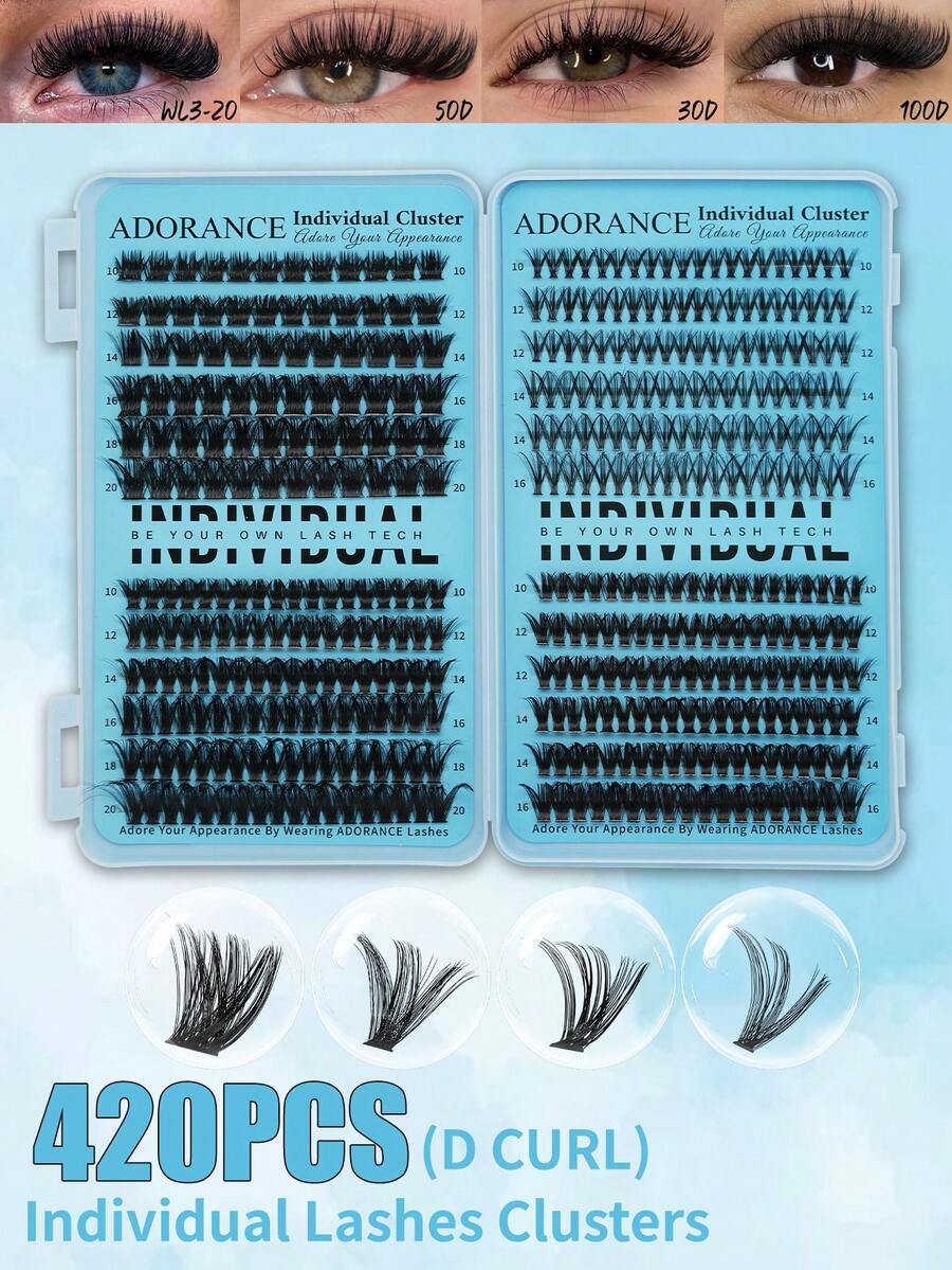 ADORANCE 420片装假睫毛簇，4种款式，纤细轻盈，30D+50D+WL3-20+100D簇状假睫毛，打造柔软自然妆效，适合日常、约会和派对妆容。 - D - 查看 1