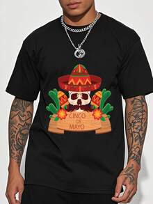 Men's Cinco de Mayo Skull Graphic T-Shirt 100% Cotton Crew Neck, Short Sleeve, Regular Fit Casual Tee. - Negro - Ver 3