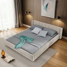 Double Bed 140*200cm, Chenille Fabric, Comfortable Backrest, Sturdy Eucalyptus And Iron Frame, Easy To Assemble, Beige (Without Mattress) - Beige - View 1