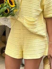 Quần short nữ màu vàng chanh đan móc | Quần short dệt kim cạp cao có túi, thích hợp mặc hàng ngày và đi nghỉ mát. - Màu vàng - Xem 6