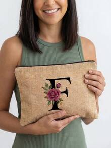 1pc A-Z Letter & Floral Print Cosmetic Bag, Lightweight Travel Toiletry Organizer - Multicolor - View 21