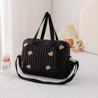 1件装妈妈包，小熊刺绣绗缝新款设计，休闲时尚手提包，适合妈妈们，可作单肩包携带奶瓶和尿布