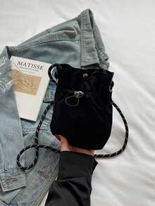 男士抽绳水桶斜挎包，尼龙迷你单肩包，编织肩带，休闲简约日常单肩包 - 彩色 - 查看 14