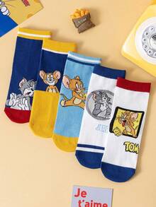 Noctvar OBM Sleepwear X TOM & JERRY 5 Pairs Kids Cat And Mouse Pattern Ankle Socks, Cute Cartoon Boat Socks With Distinctive Cat And Mouse Pattern For Boys, Colorful Mid-Calf Socks For Children In Summer, Adorable Cartoon Distinctive Pattern, Fashion Casual Breathable Student Socks, Suitable For Daily Wear, Back To School, Holiday Gifts - Multicolor - View 2