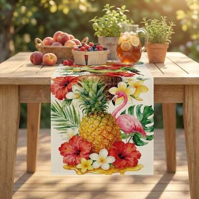Camino de mesa con tema de verano con piña, coco, flamenco y hojas verdes, mantel con tema oceánico, decoración del hogar, suministros de cocina y comedor para fiestas