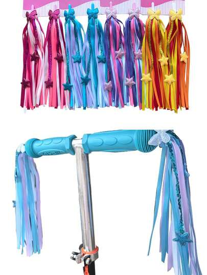 2pcs Kids Scooter Handle Decorations, Holiday Decor Ribbons With Sequins, Tassels, Stars, Bows For Scooter, Tricycle, Motorcycle, Bicycle