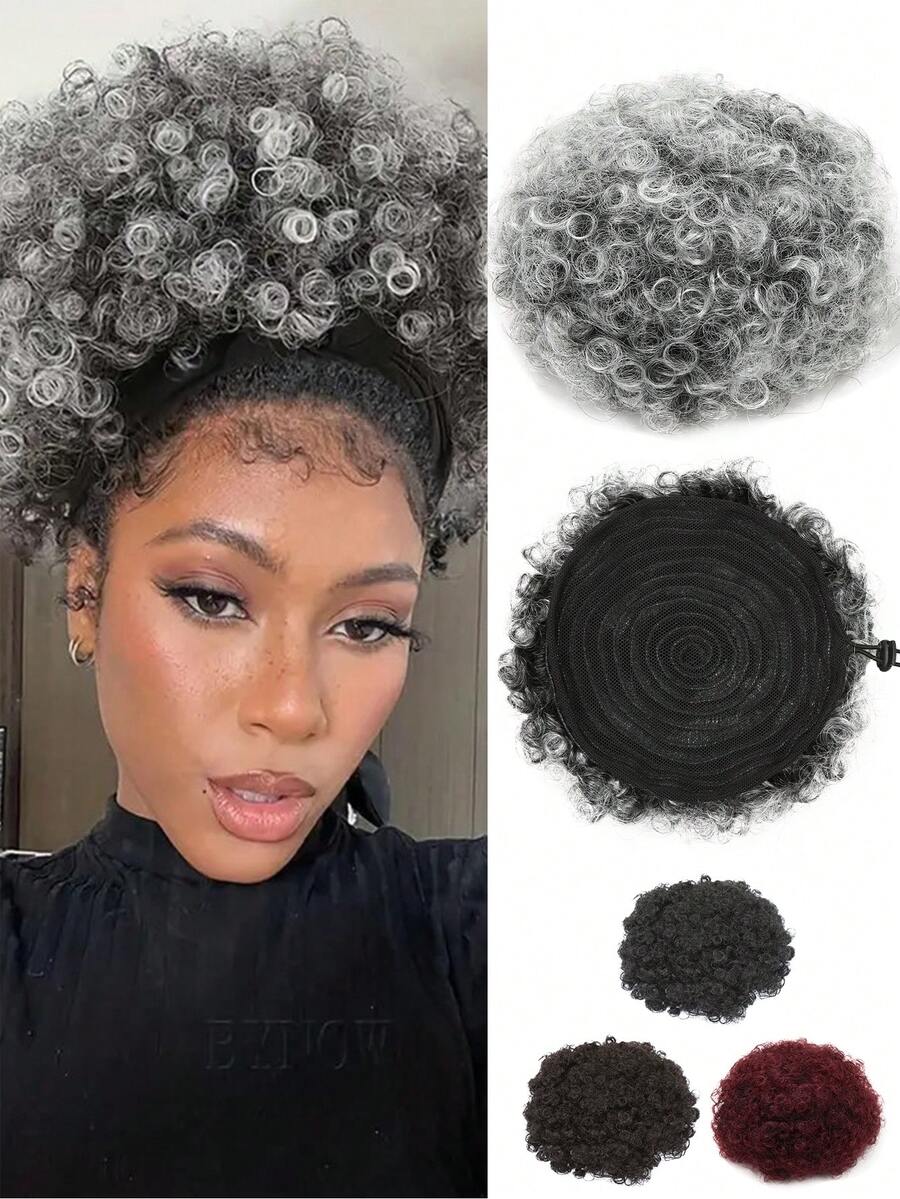 60g Short Fluffy Drawstring Ponytail Wig For Women, Quality Black/Brown/Gray/Wine Red, Suitable For Natural Hair, Clip-On Curly Bun, Suitable For Christmas, New Year, Carnival, Music Festival And Other Occasions - Multicolor - View 1