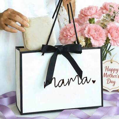 1pc Mother's Day Gift Bag, Equipped With Black Rope And Bow Ribbon, Fashionable Paper Gift Bag, Lightweight And Foldable Gift Bag, Suitable For Mother's Day And Mother's Birthday Gift Bags