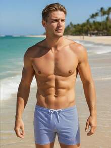 Mercer Haus New Striped Print Swim Trunks For Men, Blue & White, Fashionable & Comfortable For Beach, Surfing, Fitness, Daily Wear - Blue - View 7