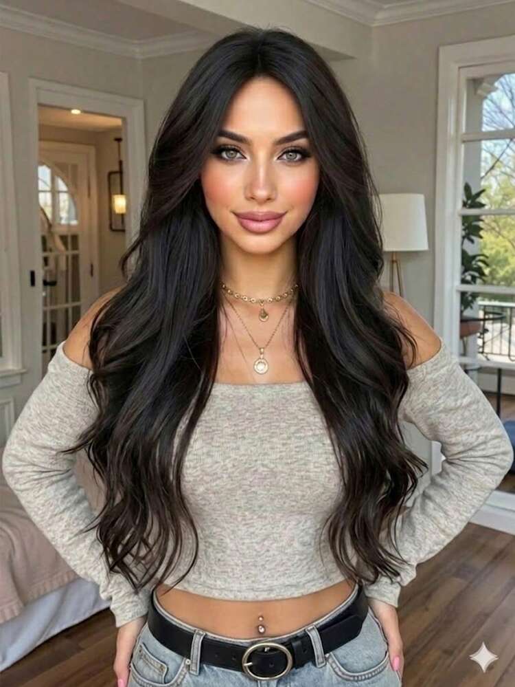 28 Inch Black Wig, Women's Middle Part Synthetic Wig, Natural Wavy Hair, Suitable For Daily Wear, Elegant And Charming, Halloween And Christmas Wig For Women, Holiday Gift