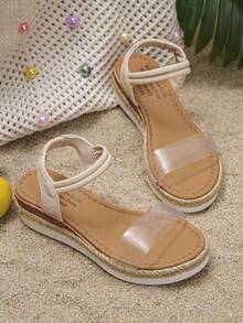 1 Pair Girls' Transparent Thick Sole Sandals (Runs Small), Summer Rope Woven Comfortable Lightweight Children's Shoes, Square Toe Fashion Sandals For Girls, Suitable For School And Daily Wear - Krem - View 5