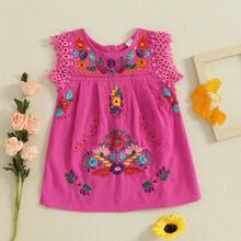 Toddler Baby Infant Girls Summer Cotton Linen Boho Dress Floral Embroidery Square Neck Lace Ruffle Fly Sleeve Sleeveless Summer Beach Sundress Vacation Bohemian Dress A-Line Dress - 玫紅色 - 查看 3